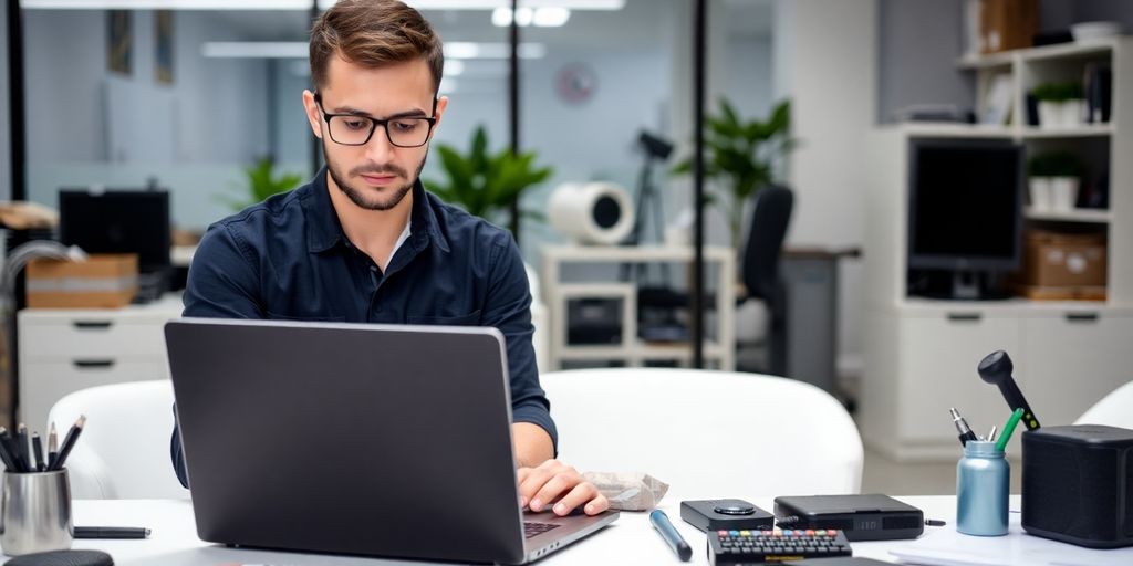Technician working on laptop for website maintenance.