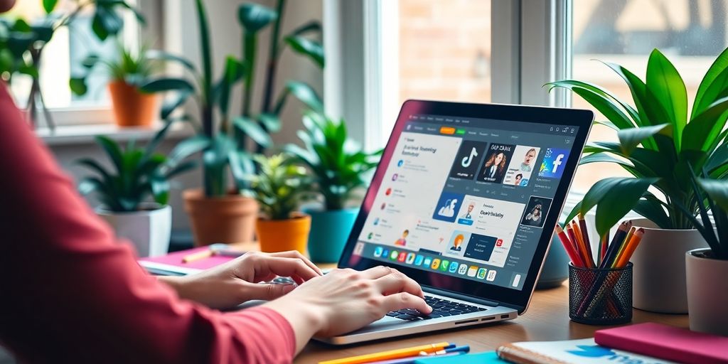 Person using laptop in a cozy workspace with plants.