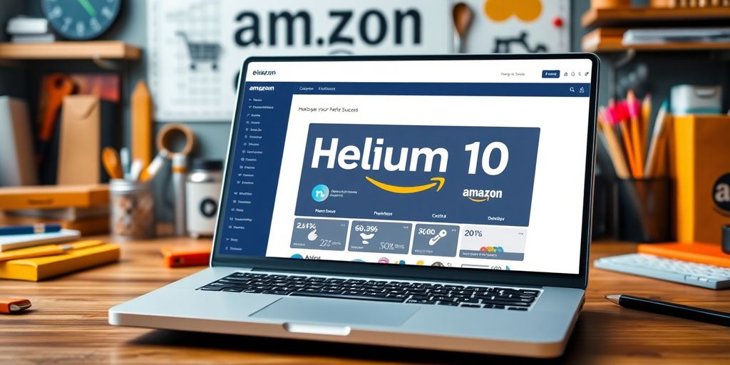 Laptop displaying Helium 10 in an Amazon workspace.