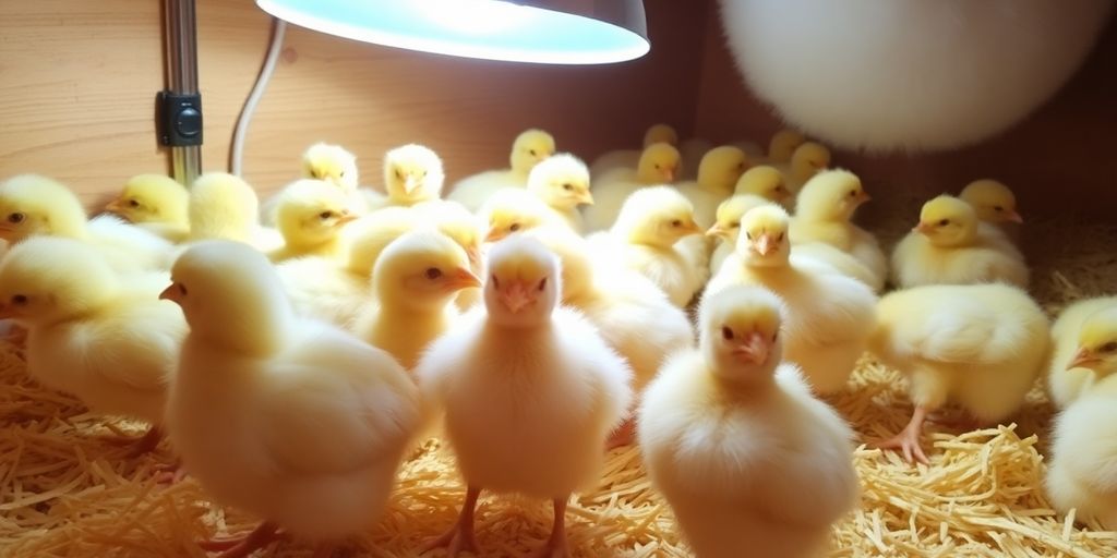 Day-old chicks in a warm brooder setting.