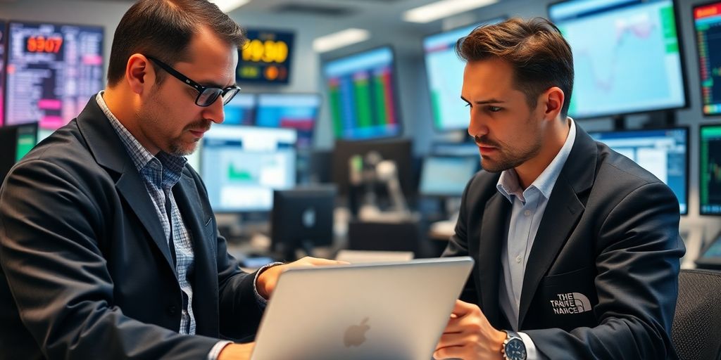 Two traders discussing strategies in a vibrant office.