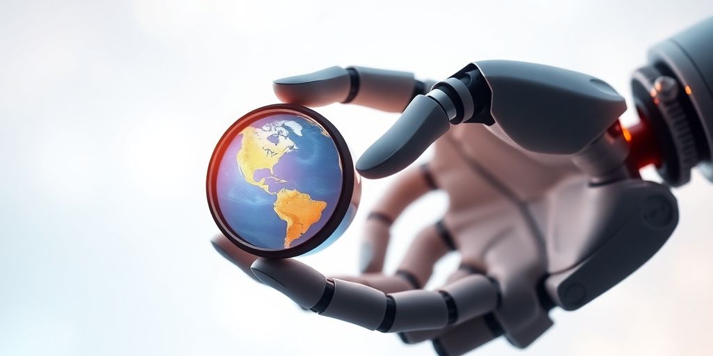 Robot hand holds magnifying glass over globe, data streams.