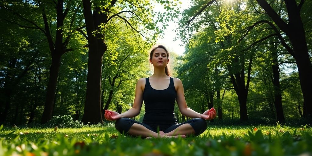Person meditating in nature, promoting mindfulness and health.