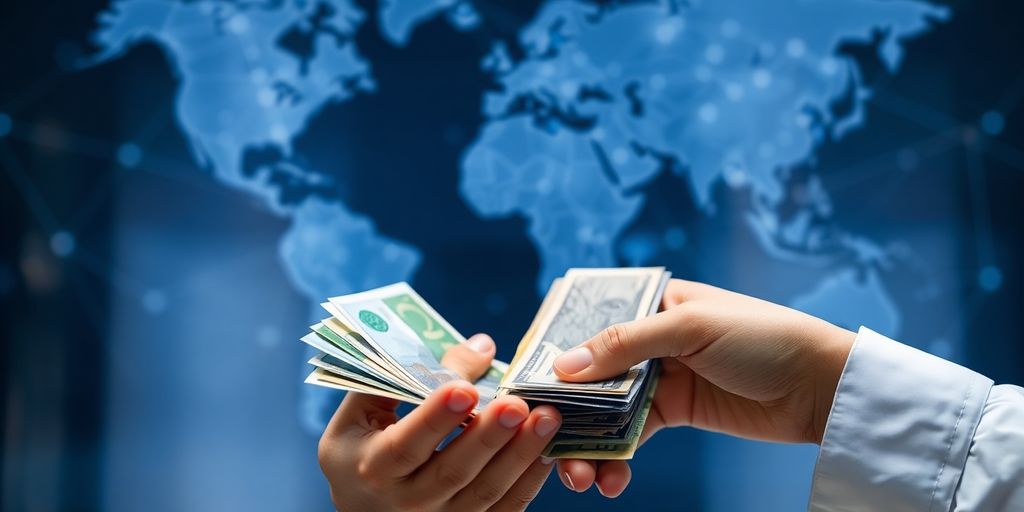 Hands, currencies, world map, digital lines, global finance.