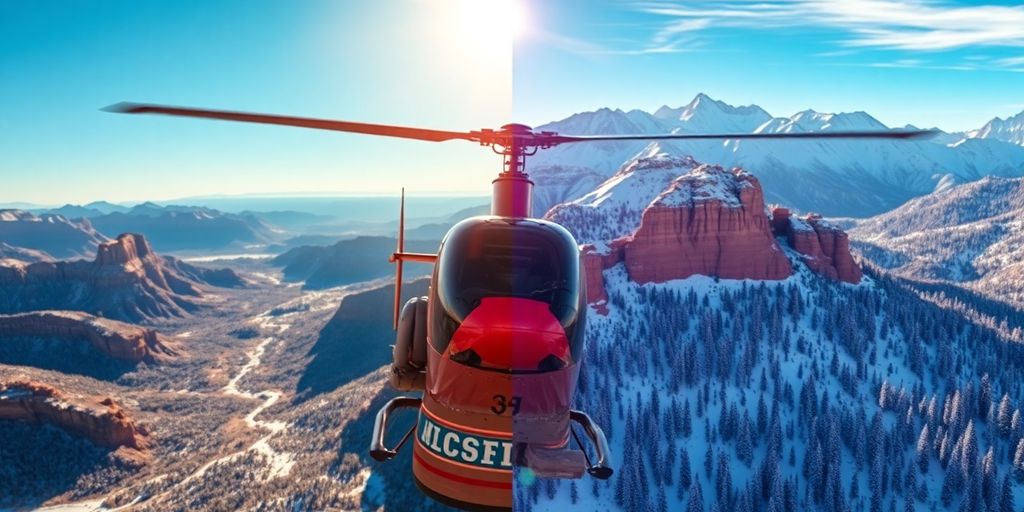 A helicopter flies above a landscape blending desert and snow.