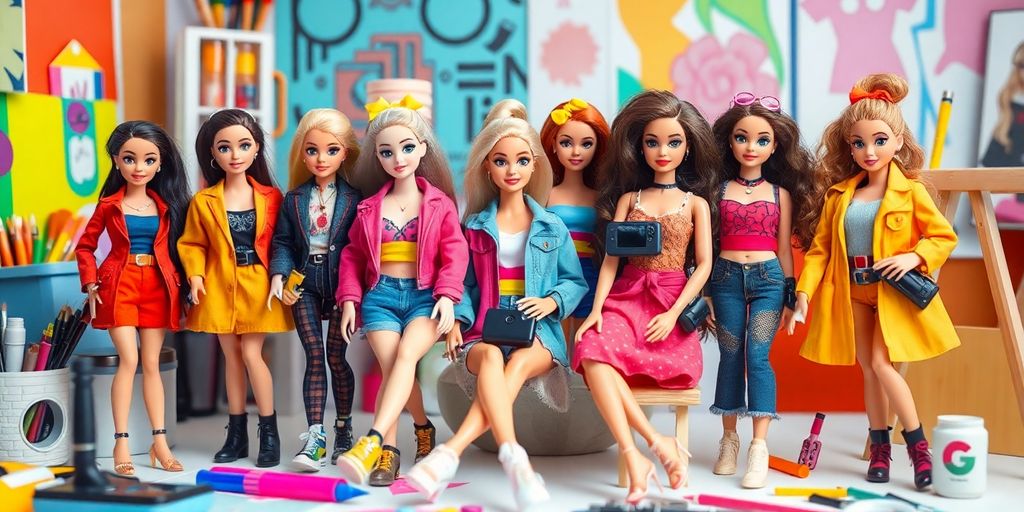 Diverse AI Barbie dolls in creative outfits and gadgets.