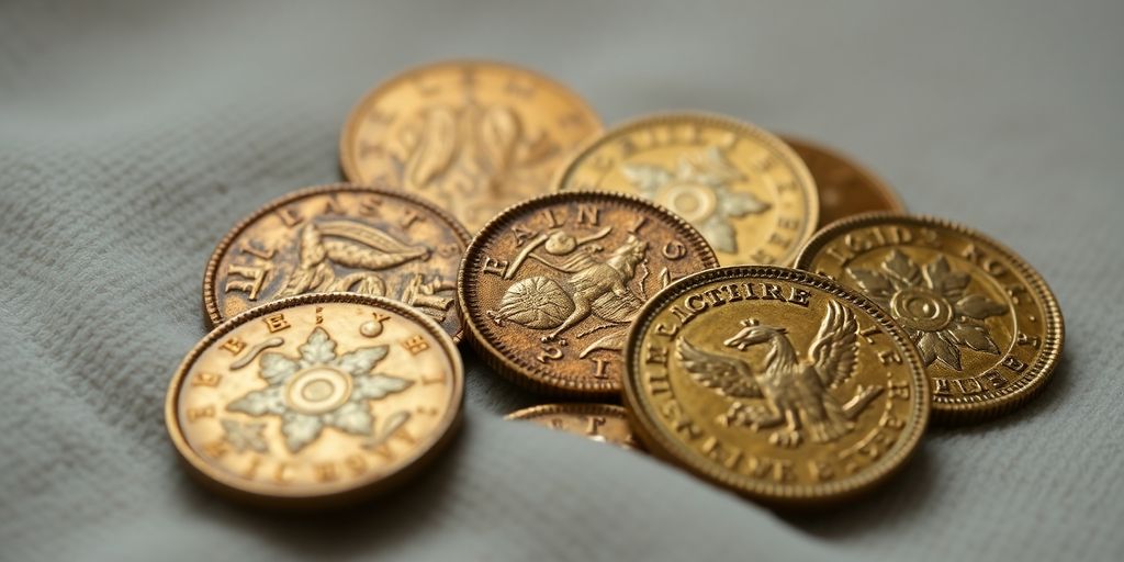 Pièces d'or anciennes sur un tissu en velours.