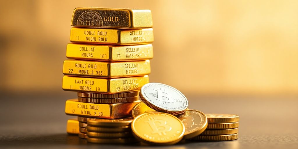 Pièces et lingots d'or sur un fond flou.