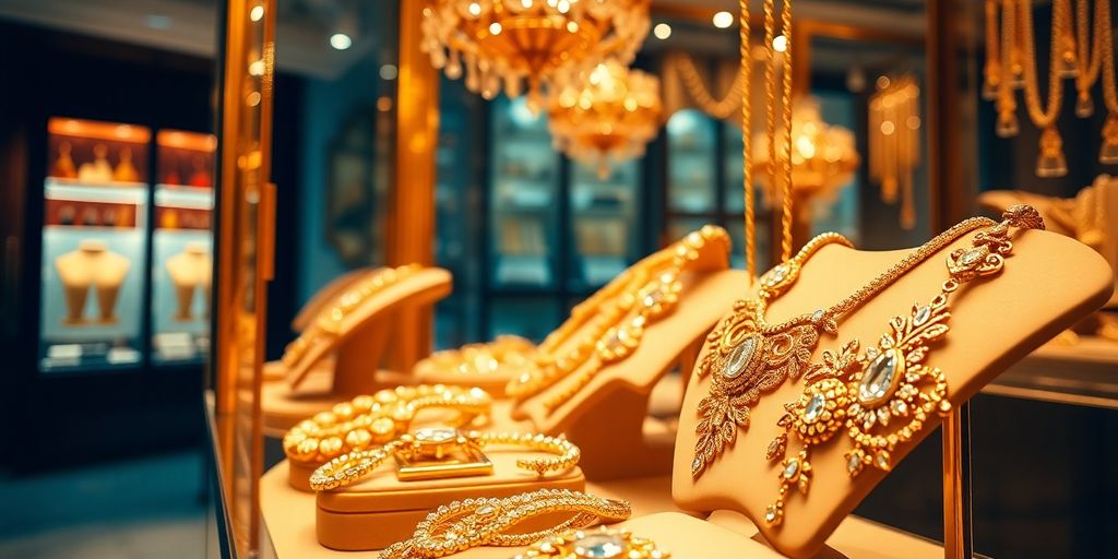 Bijoux en or dans une vitrine élégante au soleil.