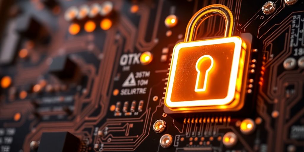 Close-up of a circuit board with a glowing lock icon.