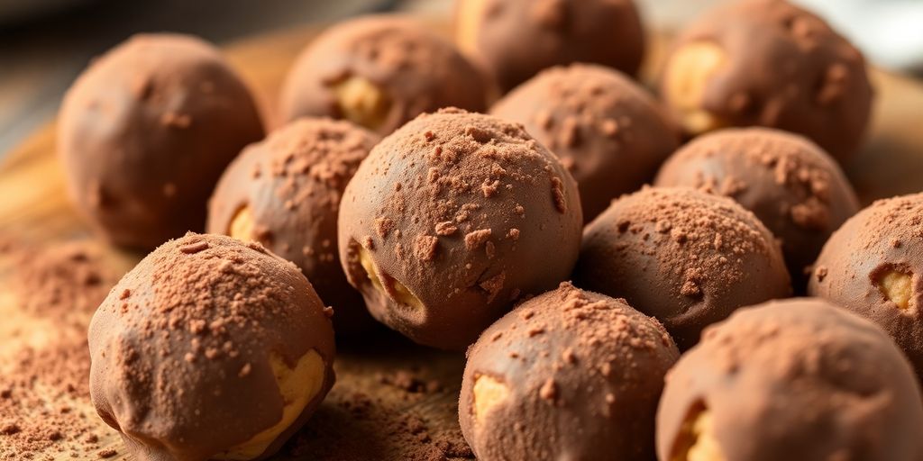 Delicious no-bake peanut butter balls on a wooden surface.