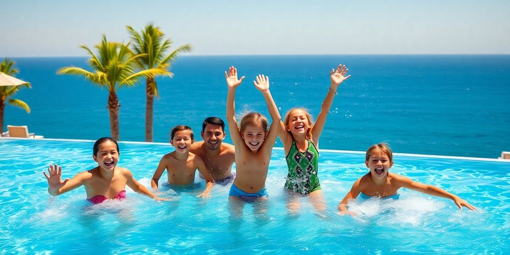 Family playing in resort pool with ocean view.