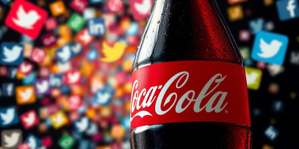 Coca-Cola bottle with vibrant social media icons.