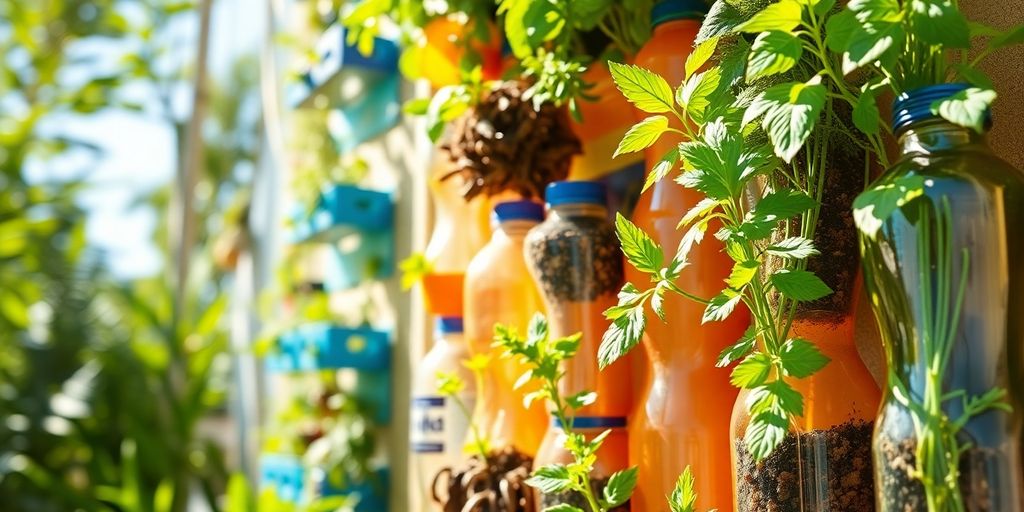 Garrafa PET transformada em horta vertical com plantas verdes.
