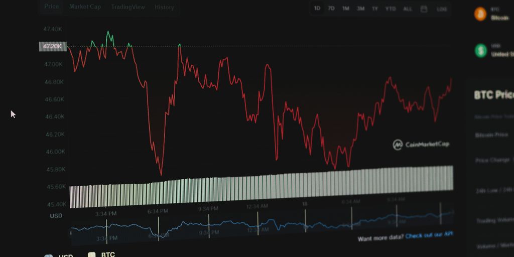 A Bitcoin to USD chart displaying fluctuating price trends.