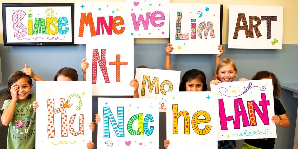 Children smiling with personalized name art prints.