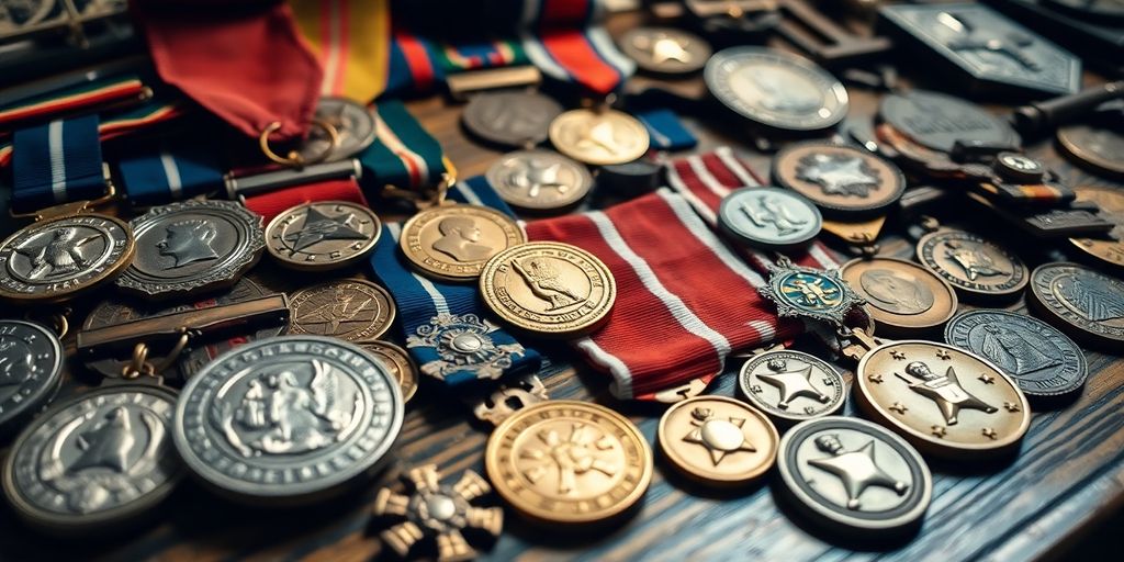Vintage medals and militaria on a wooden table.