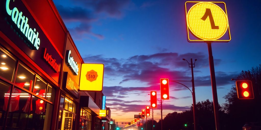 Bright illuminated storefront and street signs at night.
