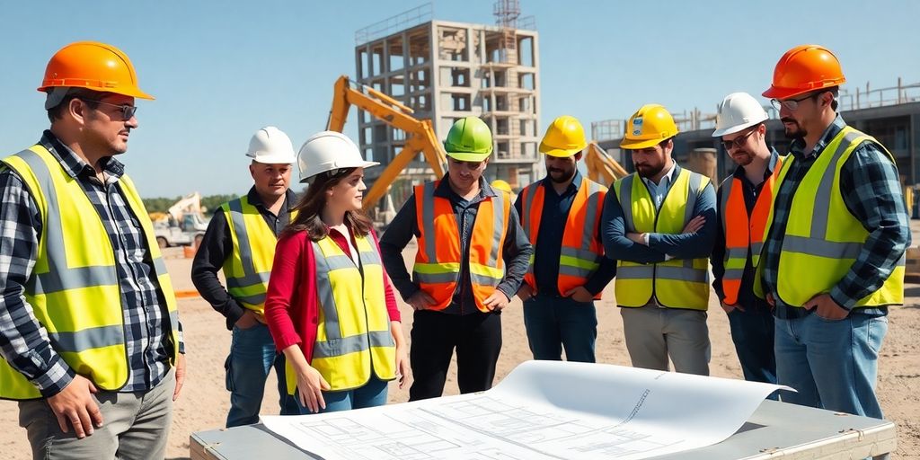 Construction manager reviewing blueprints with team.