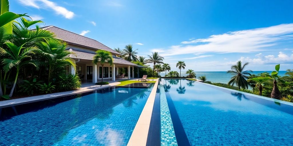 Luxury villa, infinity pool, tropical Phuket backdrop.