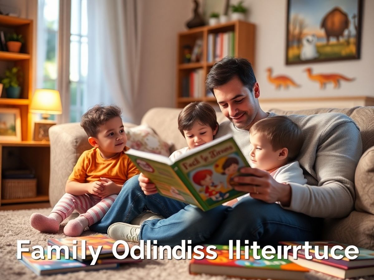 Familie citind cărți împreună în living.