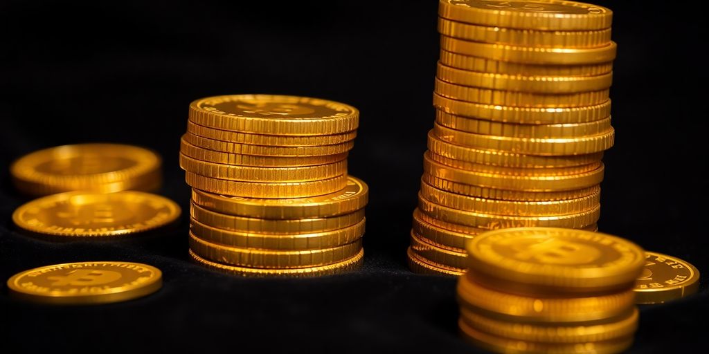 Pièces d'or empilées sur un fond velouté sombre.