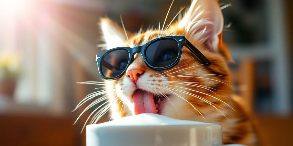 Freche Katze trinkt Kaffee mit Sonnenbrille