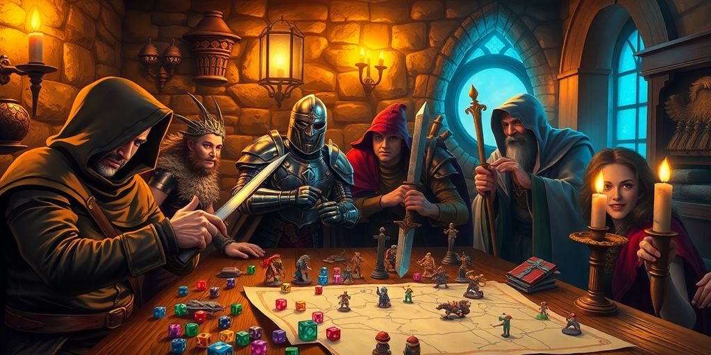 Fantasy tavern scene with adventurers playing dice around wooden table