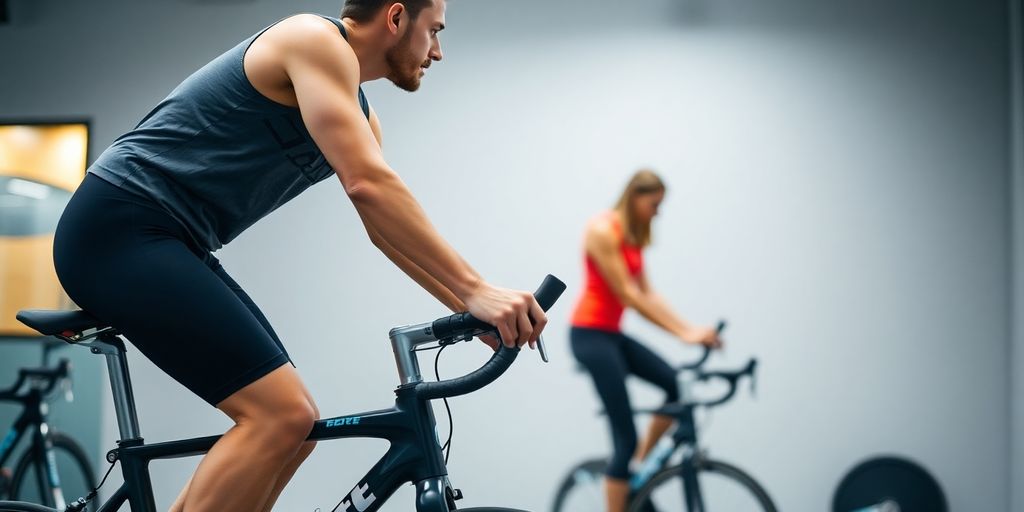 Cyclist performing a basic indoor cycling workout.