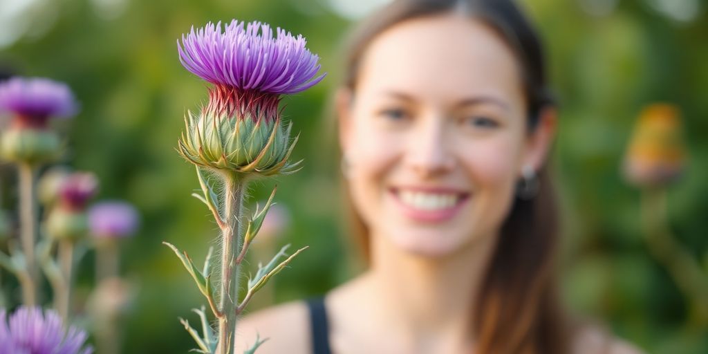 Milk thistle plant with healthy woman in background