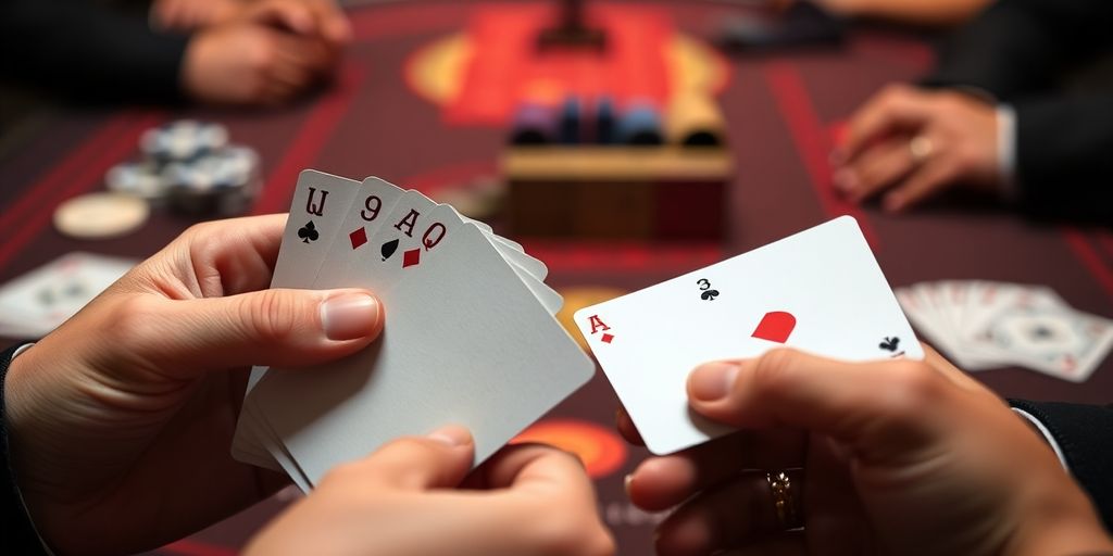 Hands playing cards on a casino table