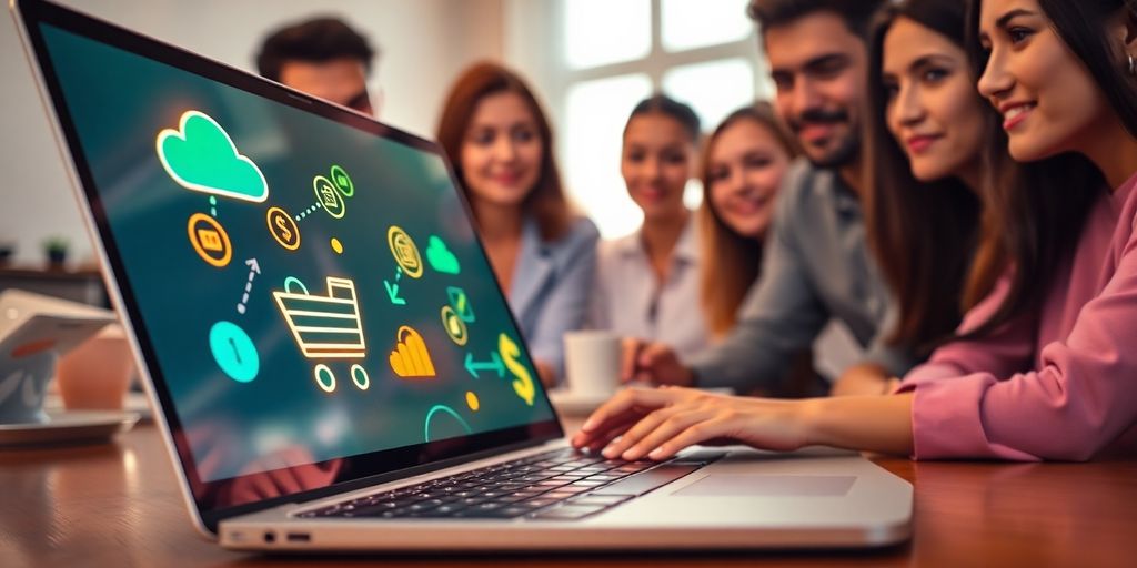 Laptop with glowing business icons, a diverse team observing.