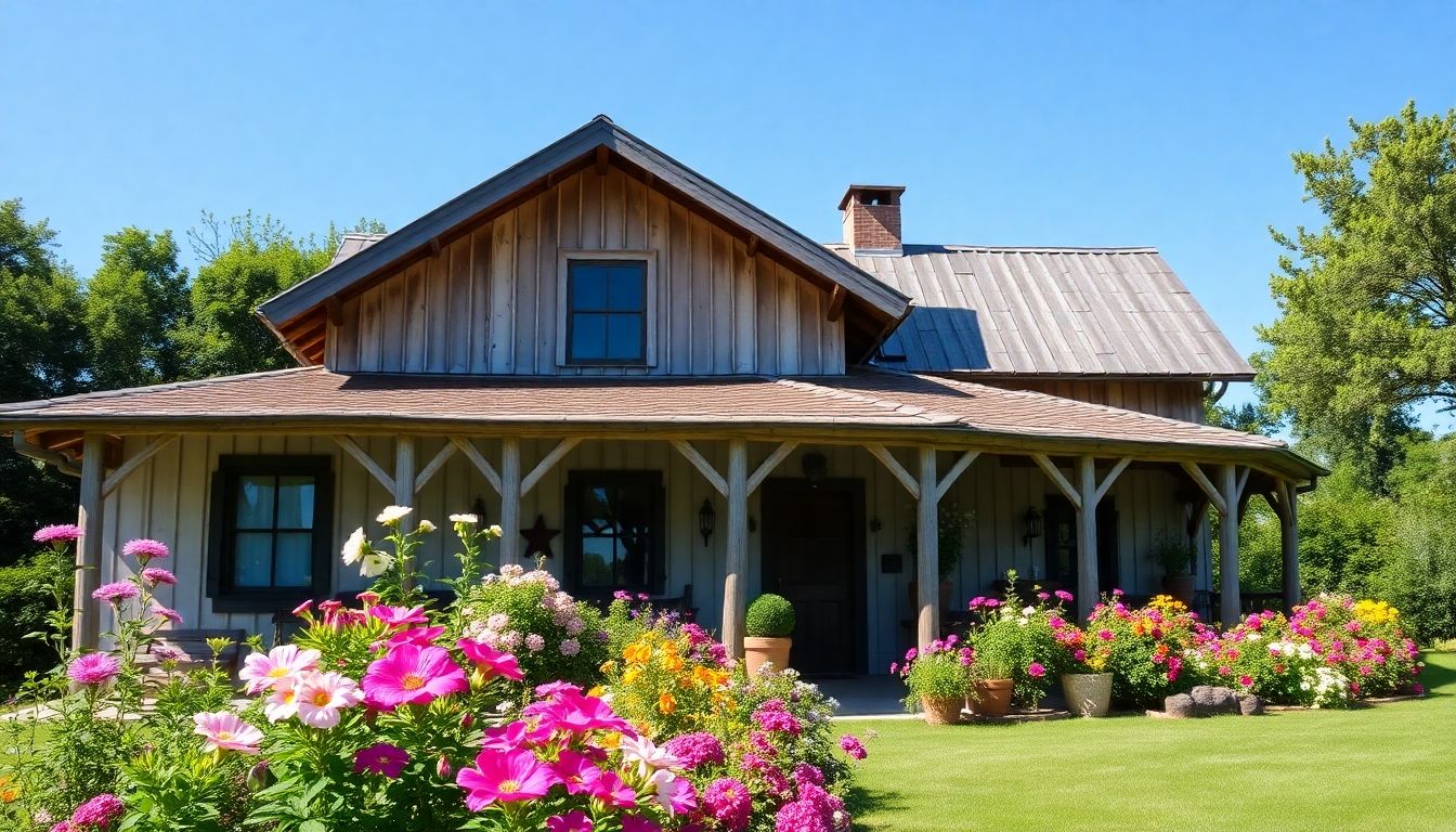 Rustic farmhouse with wooden beams and blooming flowers.