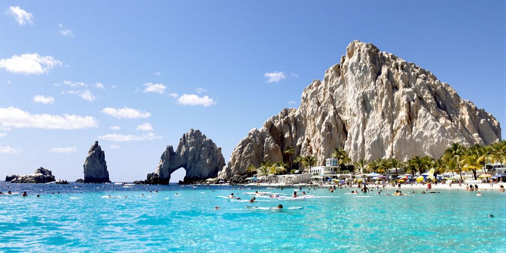 Beach scene in Cabo San Lucas with water activities.