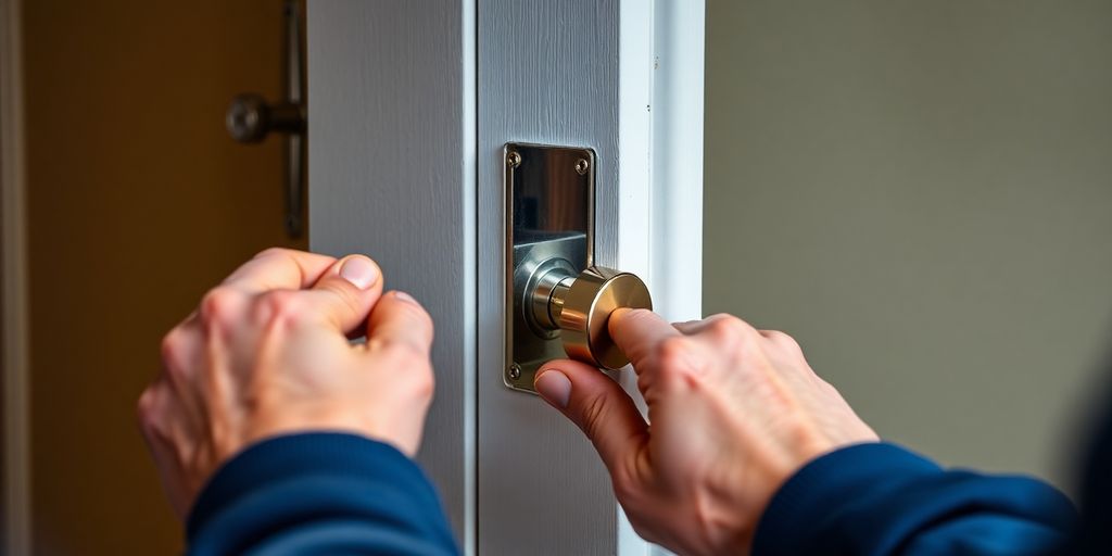 Person changing a lockset on a wooden door.