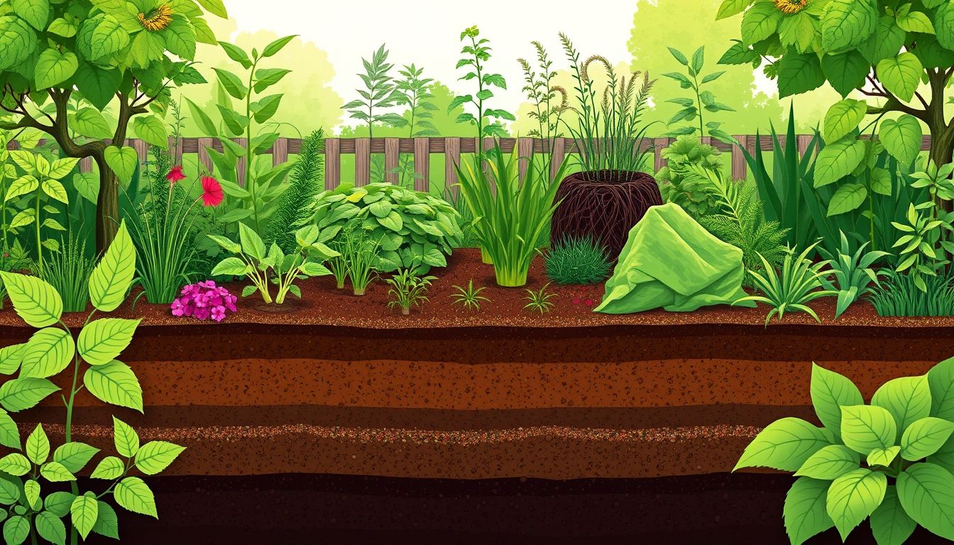 Lush garden with diverse plants and compost area.