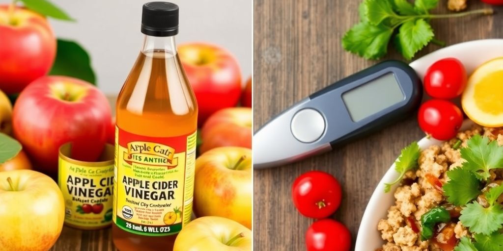 Apple cider vinegar bottle with apples and a diabetic monitoring kit.