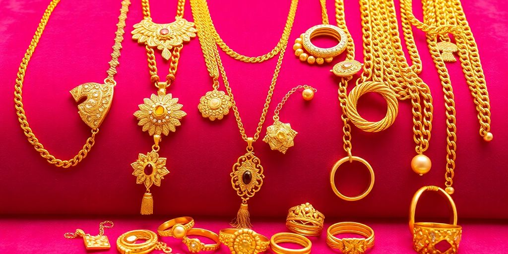 Bijoux en or étincelants sur un fond en velours.