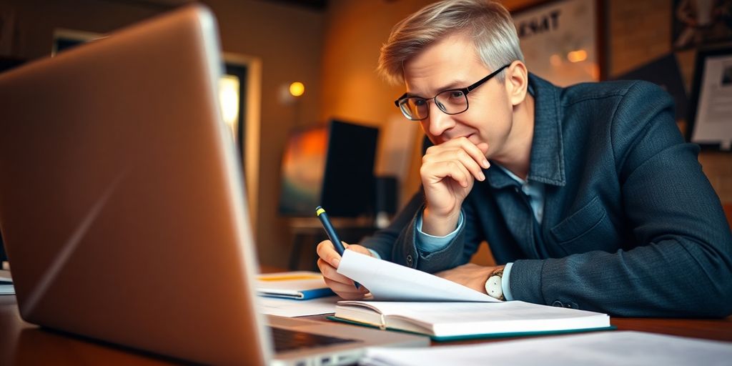 Person contemplating business decisions at a desk.