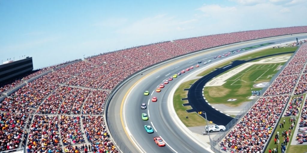 Race cars speeding around the Atlanta Motor Speedway track.