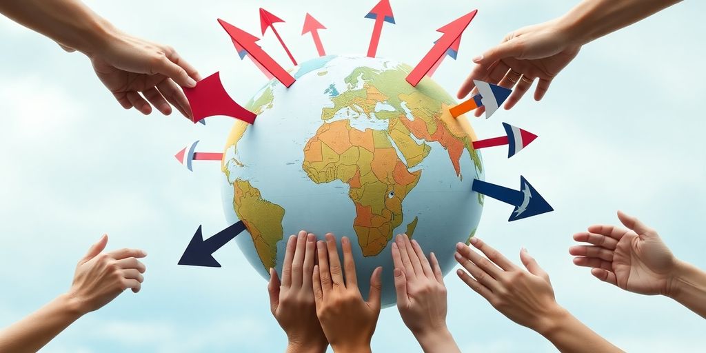 Mundo globo con flechas, banderas, manos empresariales.