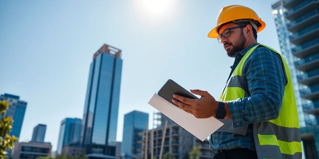 Modern Buckhead construction, city skyline, and building blueprints.