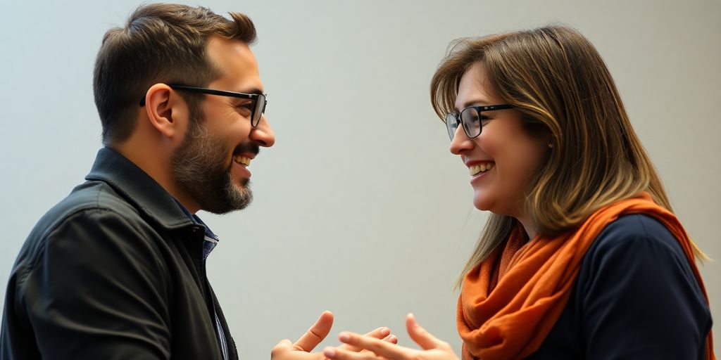 Two people engaged in animated discussion.