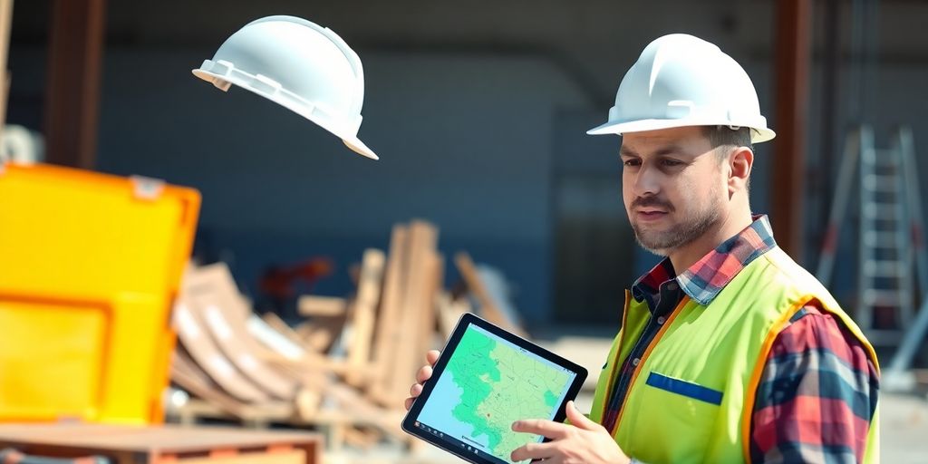 Contractor using tablet, digital tools.