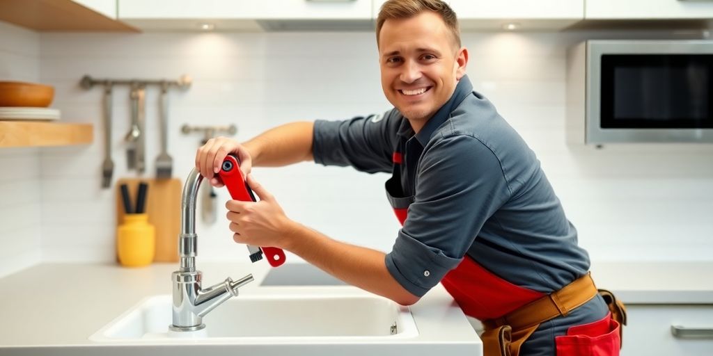 Plumber in uniform smiling fixing kitchen sink with pipe wrench