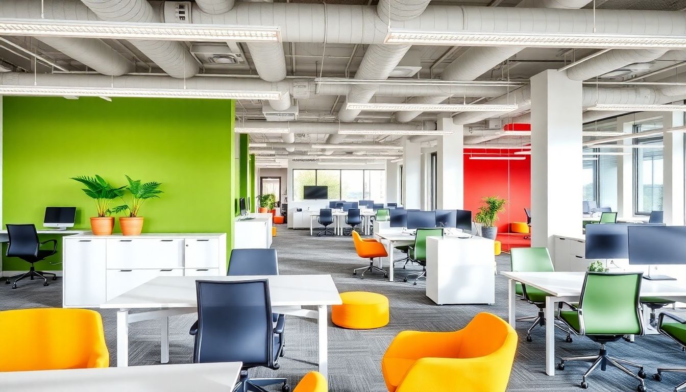 Modern office interior with sleek furniture and vibrant colours.