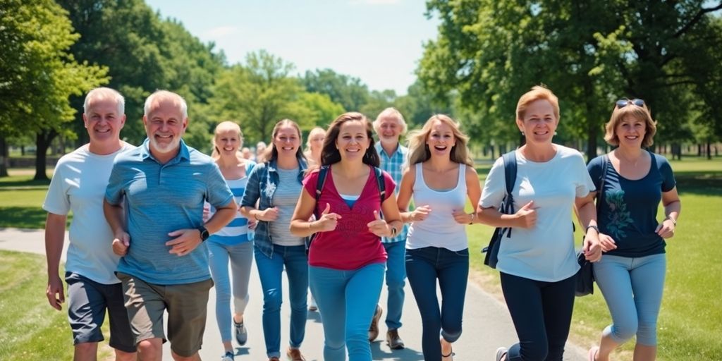 Diverse people walk in sunny park, embodying health and vibrant life.