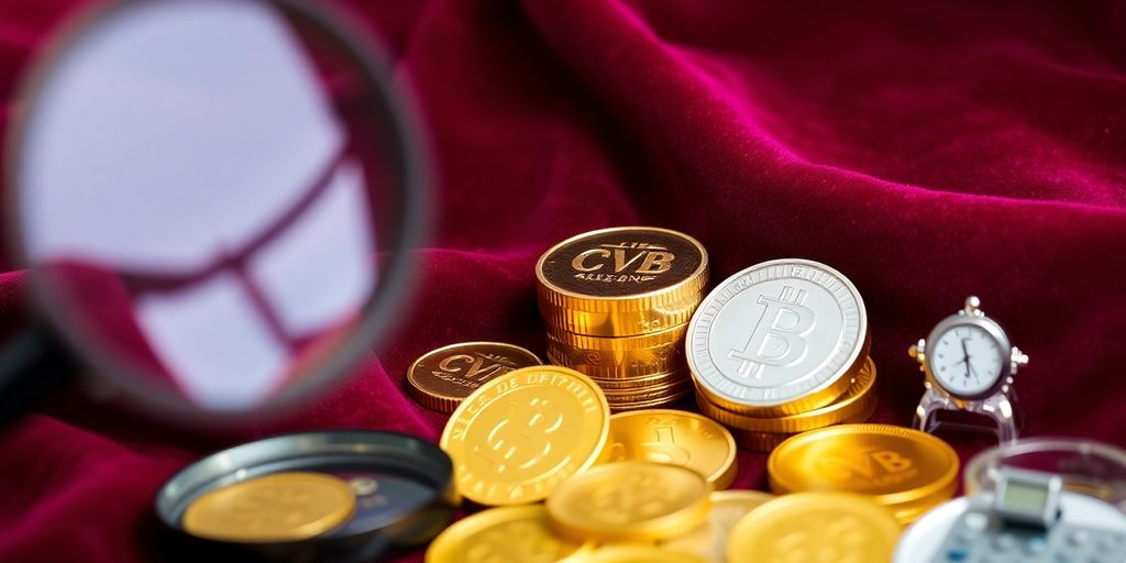 Métaux précieux sur fond velours avec outils d'investissement.