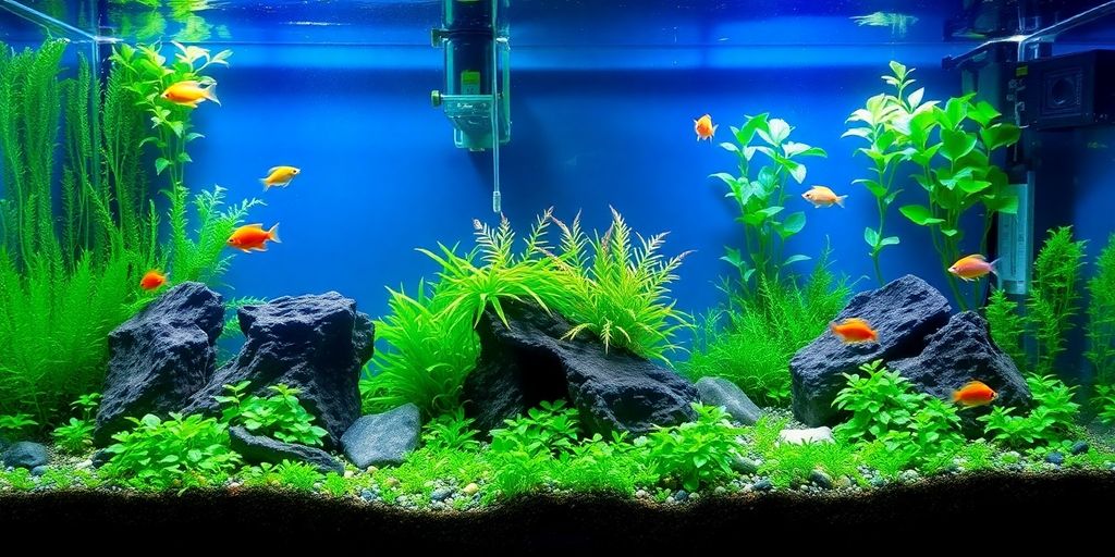 Makulay na aquascape na may mga isda at halaman sa isang tangke.
