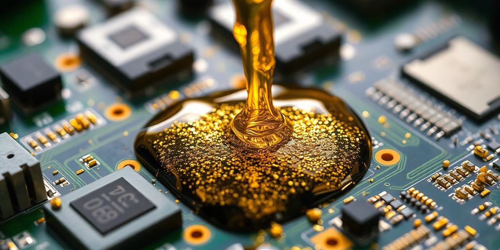 Éclats d'or pur extraits de circuits imprimés.